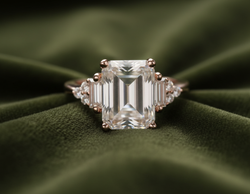 Emerald-cut ring on dark olive green velvet