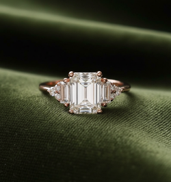 Emerald-cut ring on dark olive green velvet