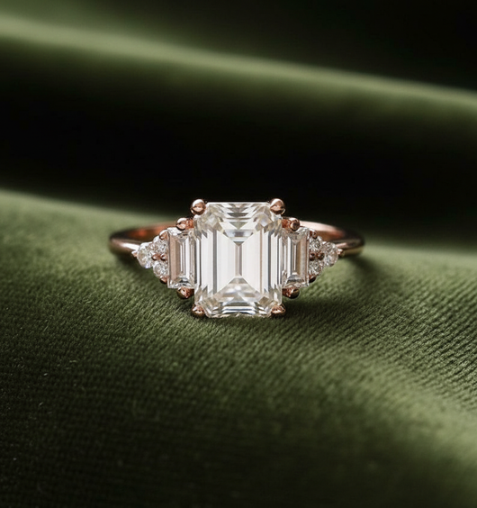 Emerald-cut ring on dark olive green velvet
