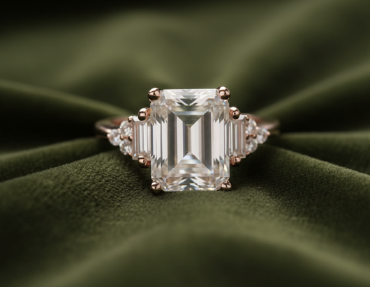 Emerald-cut ring on dark olive green velvet