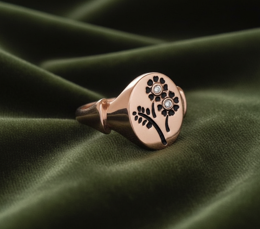 Floral signet ring on dark olive green velvet