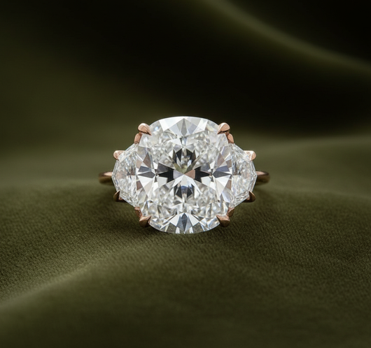 Rose gold three-stone ring with oval center and pentagon sides on dark olive green velvet