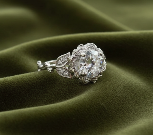 The Nest ring on dark olive green velvet