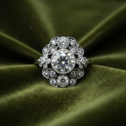 Vintage-style ring on dark olive green velvet